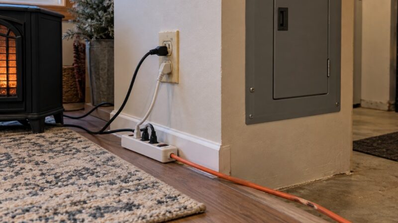 Wall outlet and power strip connected near a home electrical panel, with visible cords beside a space heater in a winter indoor setting