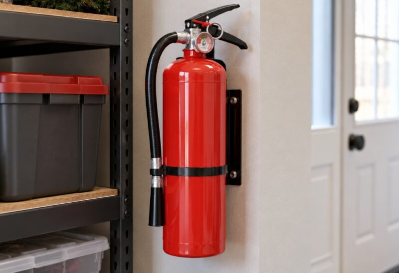 Red fire extinguisher mounted on a wall beside storage shelves in a tidy utility area, positioned for easy access before winter