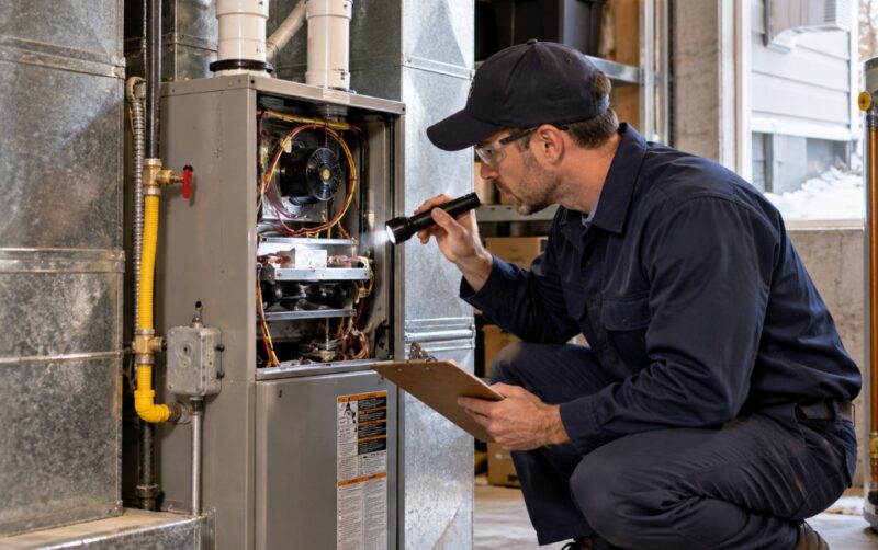 HVAC technician inspecting an open furnace in a utility room, using a flashlight and clipboard while checking components before winter use