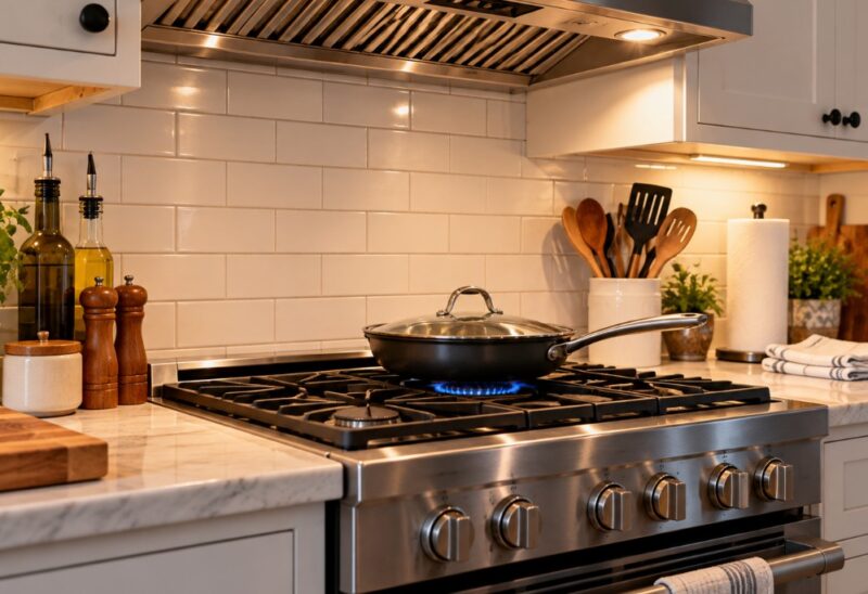 Modern kitchen with a gas stove, a frying pan over a lit burner, and a stainless steel range hood above the cooking area