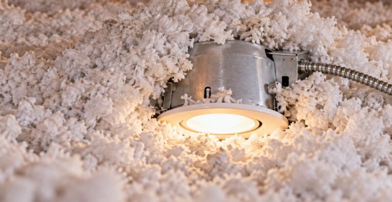 Recessed ceiling light partially covered by loose-fill attic insulation, with exposed metal housing, electrical conduit and wooden roof framing