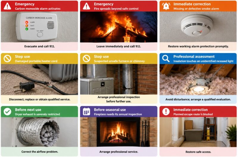 Alt: Fire safety infographic showing urgent winter home hazards and responses, including carbon monoxide alarms, uncontrolled fire, defective smoke alarms, damaged heater cords, unsafe furnaces, attic insulation near recessed lights, blocked dryer vents, fireplace inspections and blocked escape routes